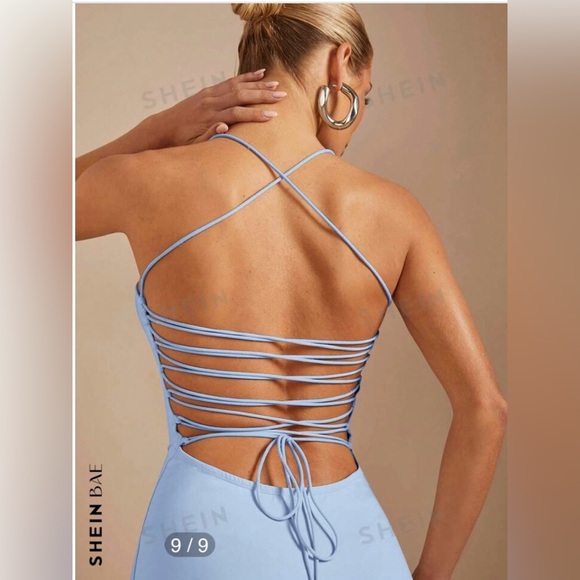 SHEIN Light Blue Bodycon Halter Neck
Spaghetti Strap Tie Low Back Shiny Dress M - Picture 5 of 16